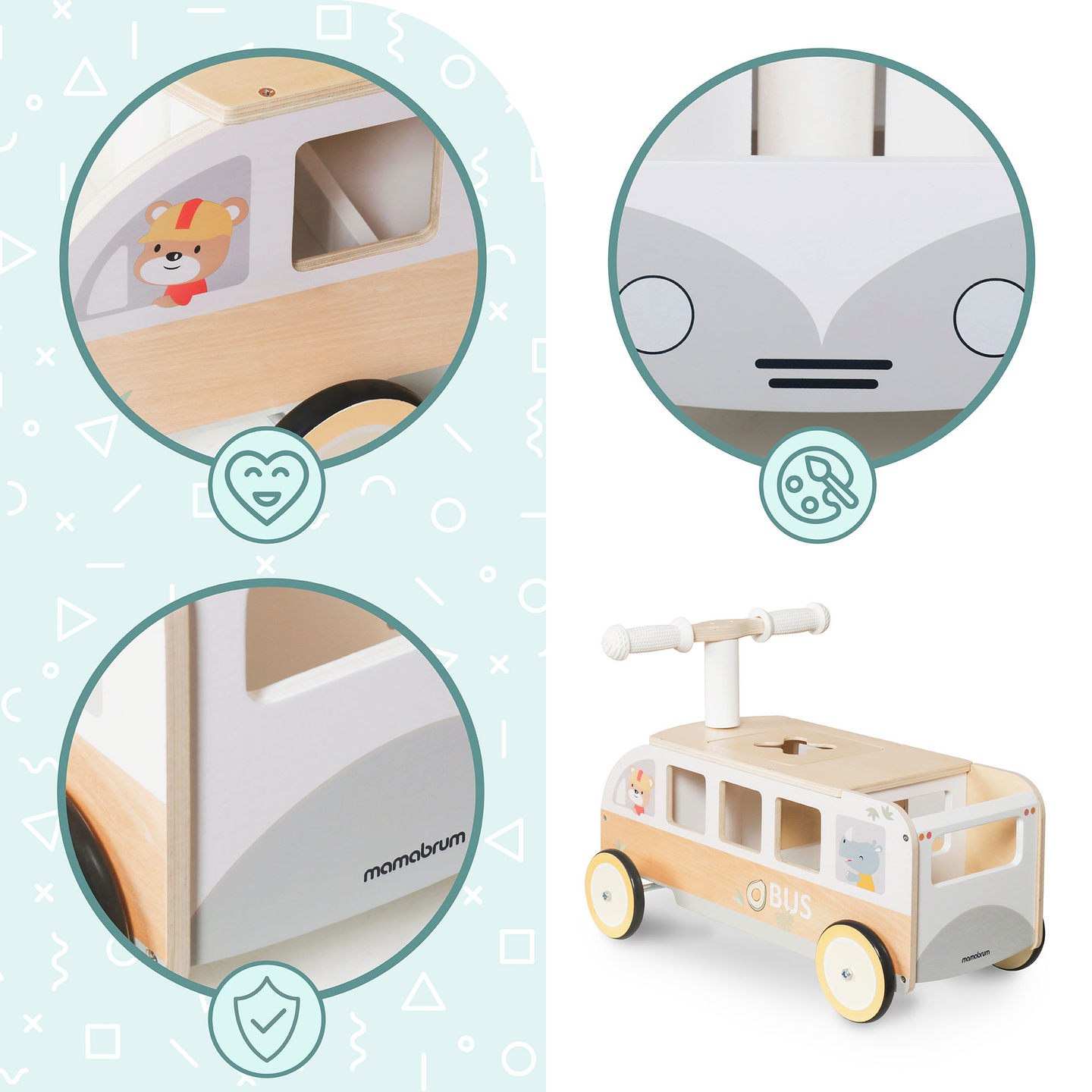 Bus en bois à pédales pour enfants - Bus avec compartiments de rangement et espace pour les peluches