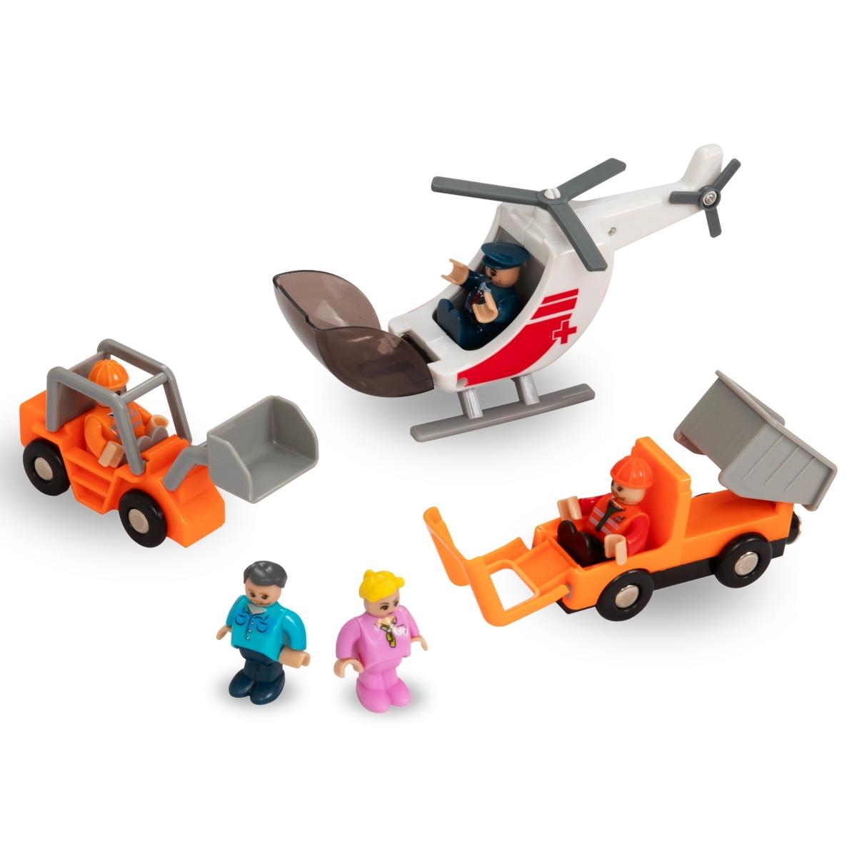 Chemin de fer en bois, train à batterie - Ville : voies, voitures, pont, aéroport