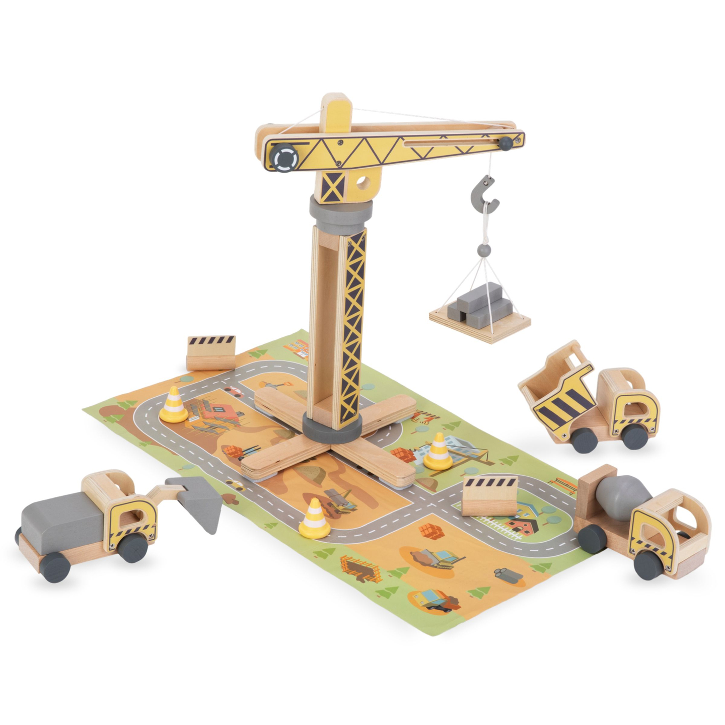 Chantier de construction en bois avec grande grue mobile et véhicules, grue à tour