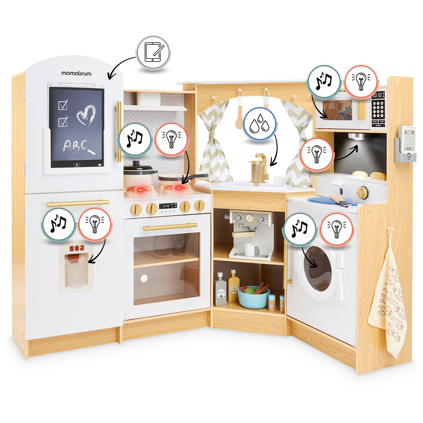 XXXXL grande cuisine interactive en bois avec éclairage LED, lave-linge, micro-ondes, machine à café et set de fruits et légumes - 50 éléments