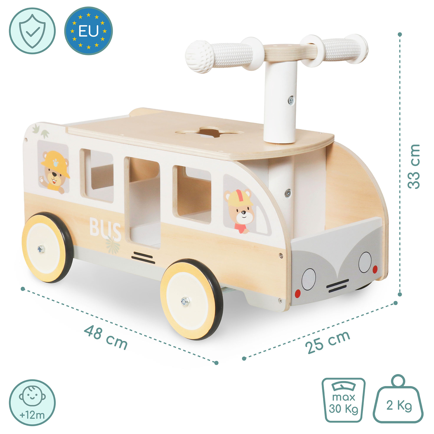 Bus en bois à pédales pour enfants - Bus avec compartiments de rangement et espace pour les peluches