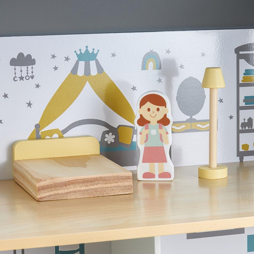 Maison de poupées en bois blanc avec terrasse et accessoires