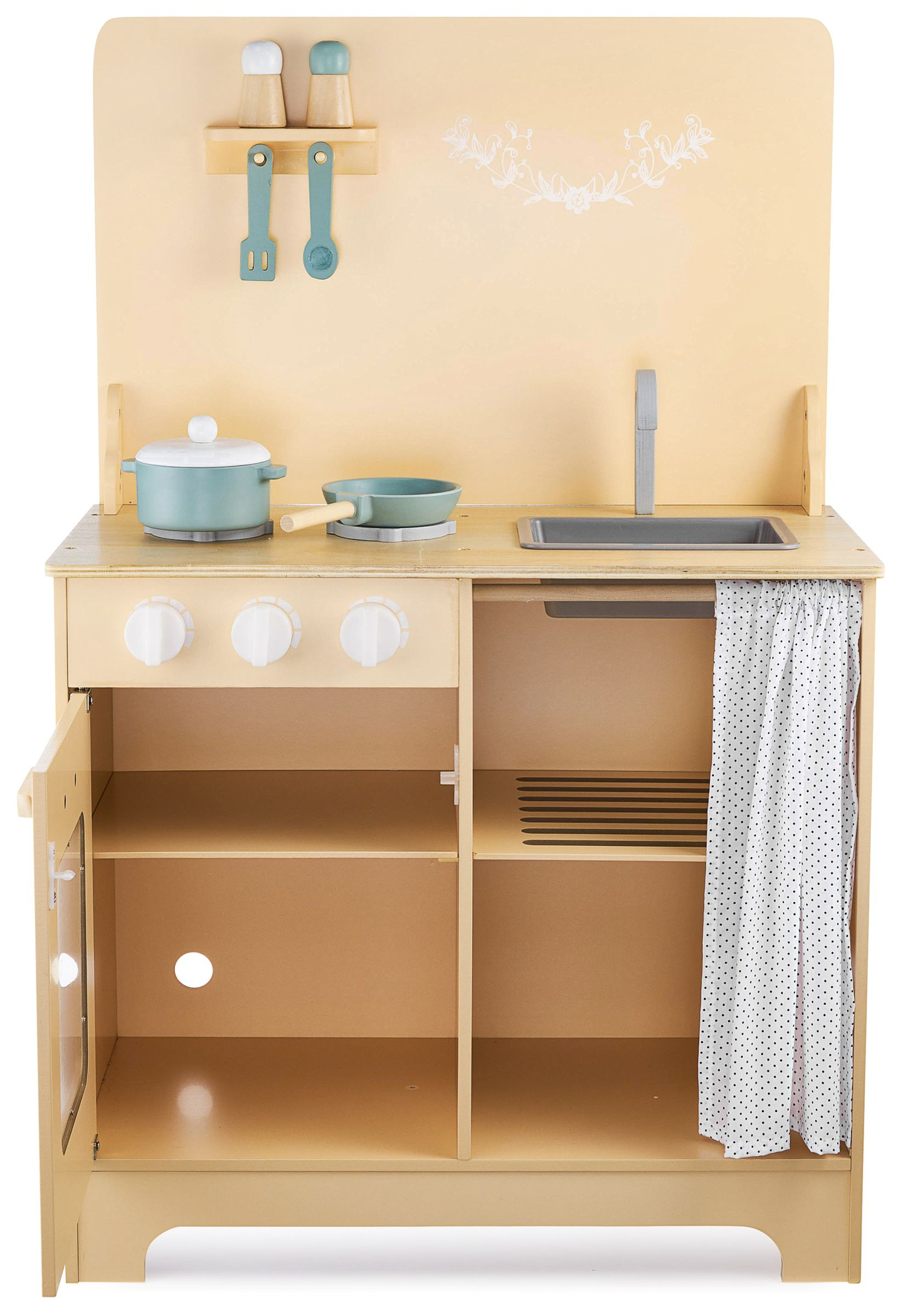 Cuisine en bois avec tablier, accessoires et éclairage LED