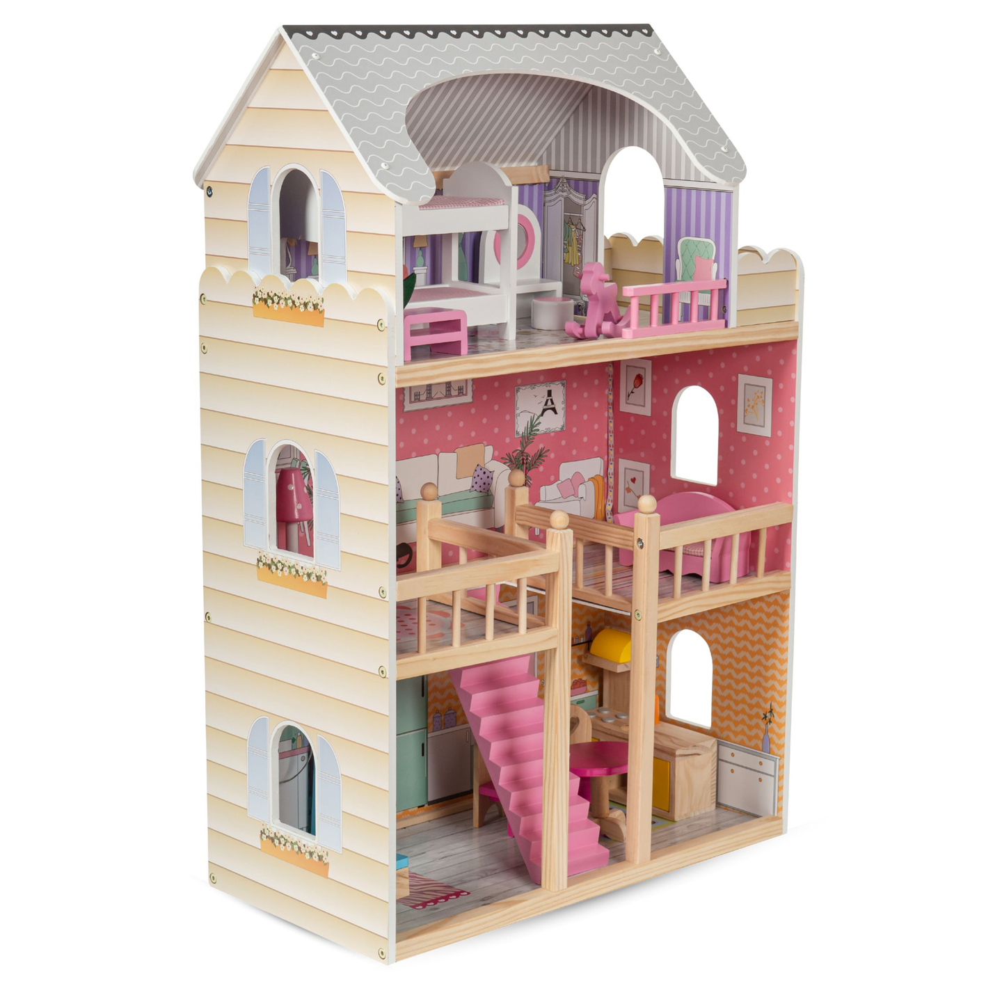 Grande maison de poupées en bois à 3 étages avec terrasse, ensemble de meubles et éclairage LED !