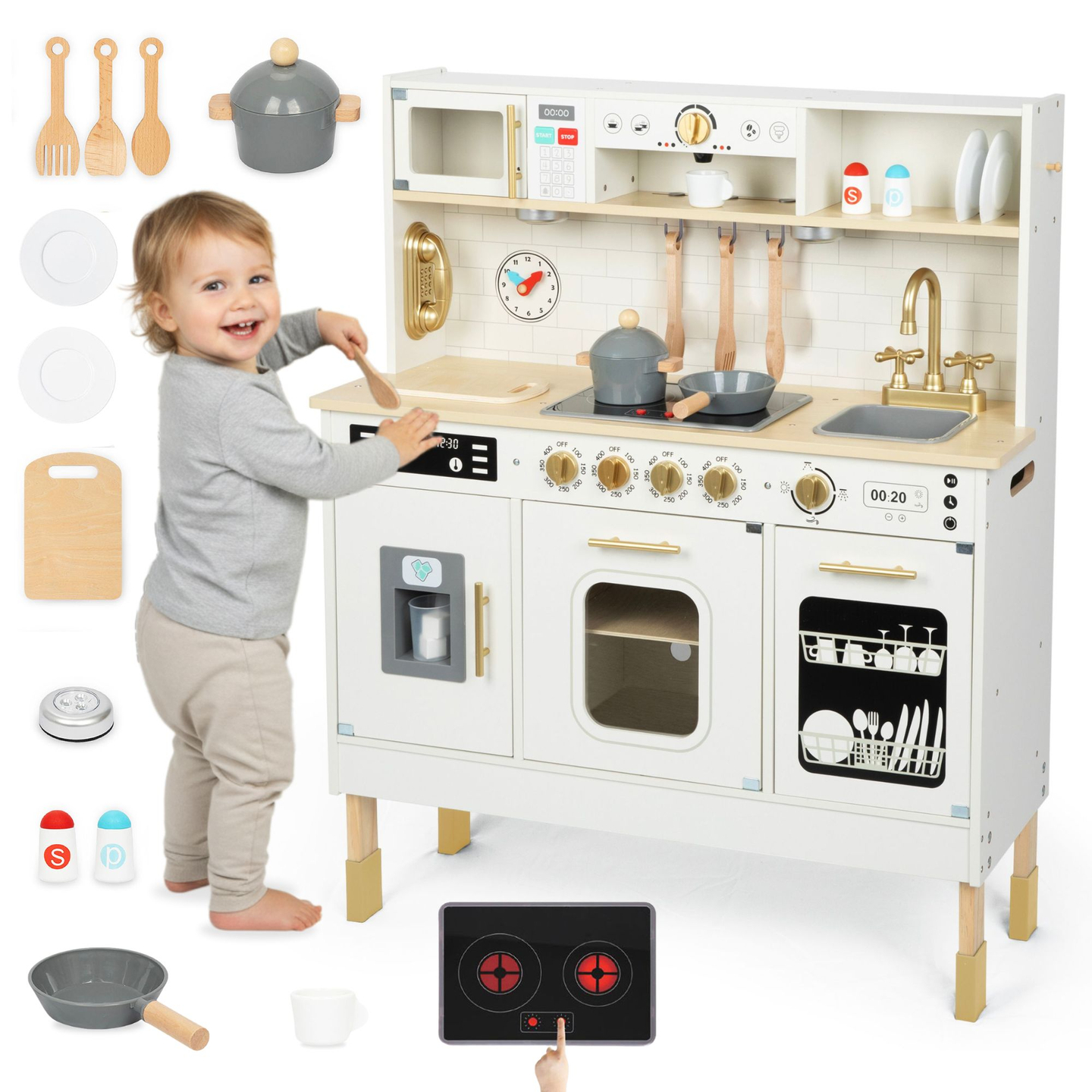 Cuisine interactive XXL en bois avec accessoires et éclairage LED - sur deux niveaux