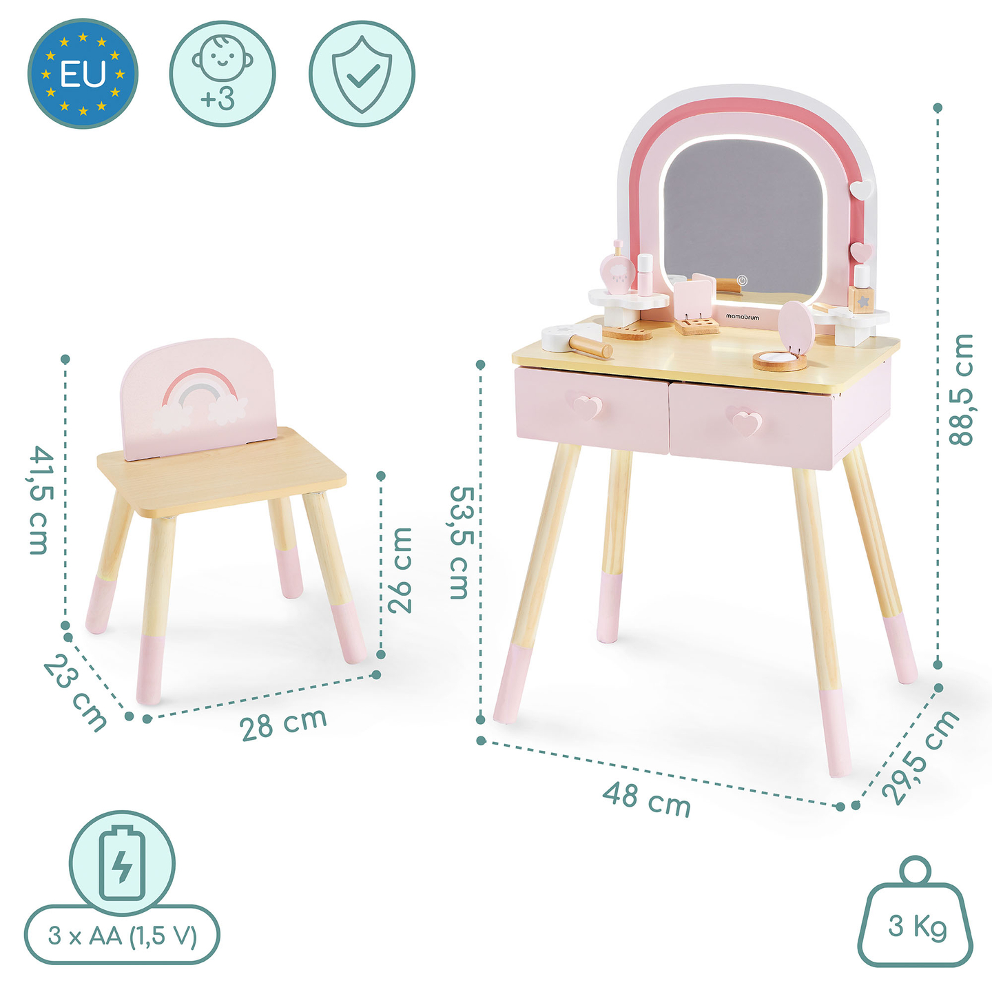Coiffeuse en bois pour enfants avec éclairage LED à luminosité réglable, chaise et accessoires inclus.