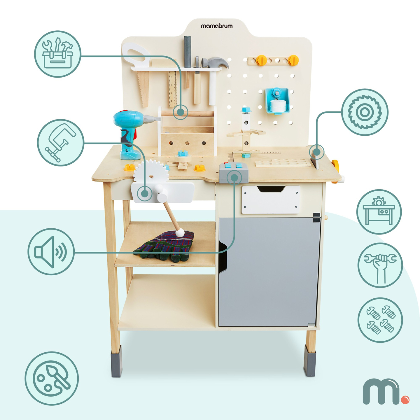 XXL Grand atelier en bois avec outils - set de bricolage, 74 éléments