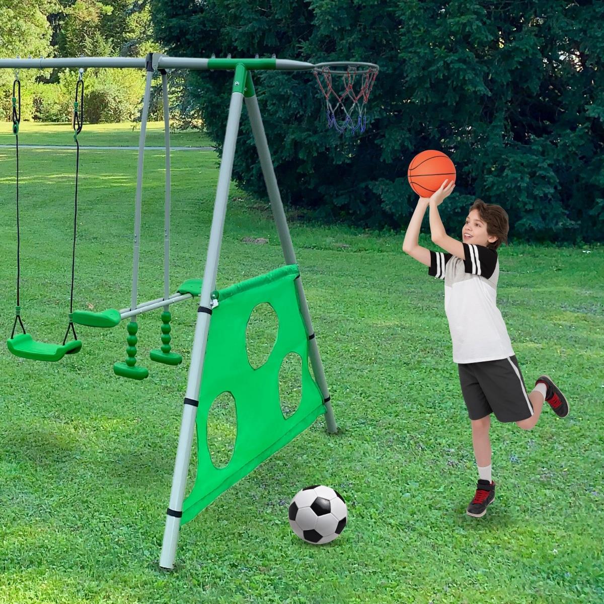 Aire de jeux de jardin XXXL pour enfants avec balançoires, toboggan, trapèze de gymnastique, panier de basket et but de football
