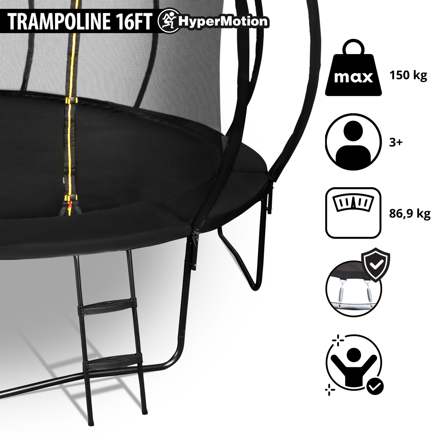 Trampoline de jardin XXXL pour enfant HyperMotion - 487 cm 16FT - avec échelle et filet intérieur - pour maison et jardin - 150kg max