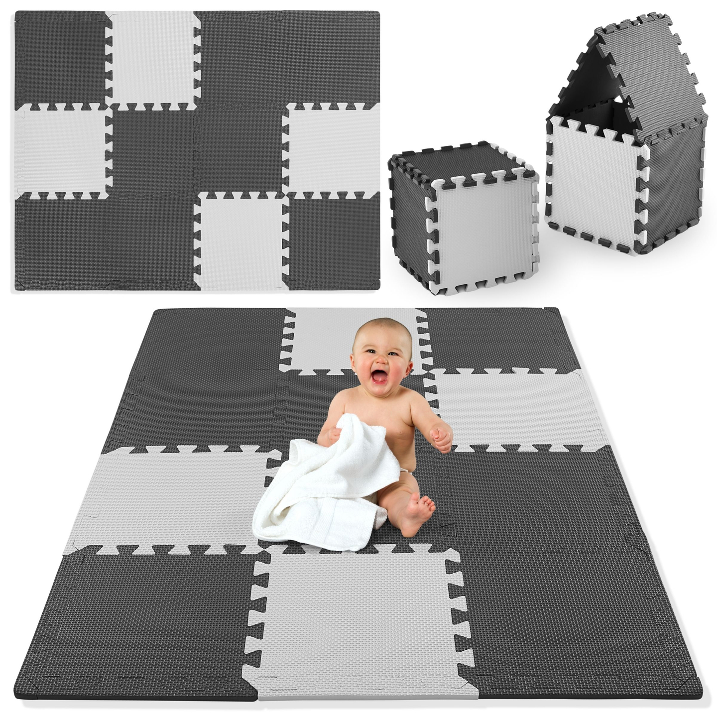 Puzzles en mousse 12pcs. - tapis éducatif en mousse 120 x 90 x 1,2cm avec bordure - gris