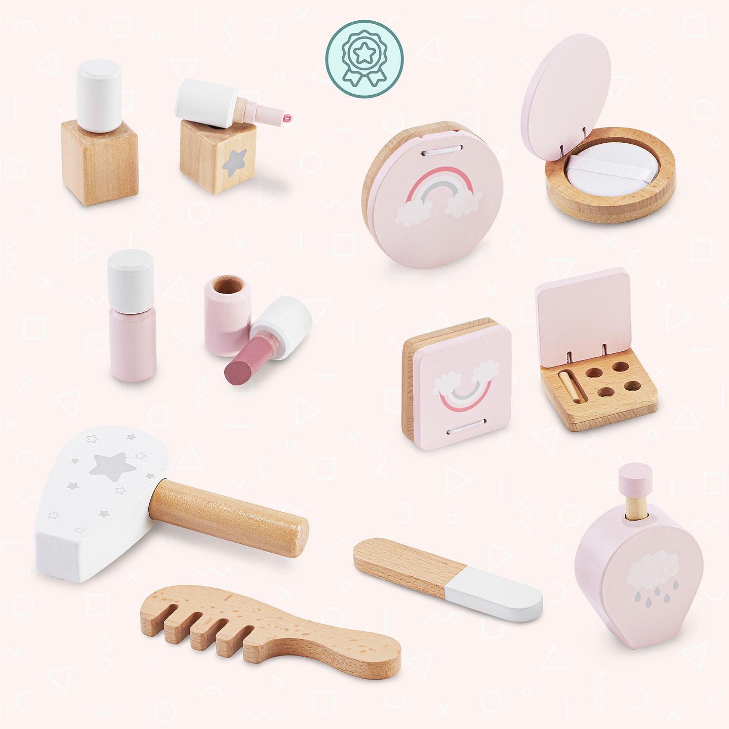 Mini coiffeuse en bois pour enfants avec accessoires et éclairage LED à luminosité réglable.