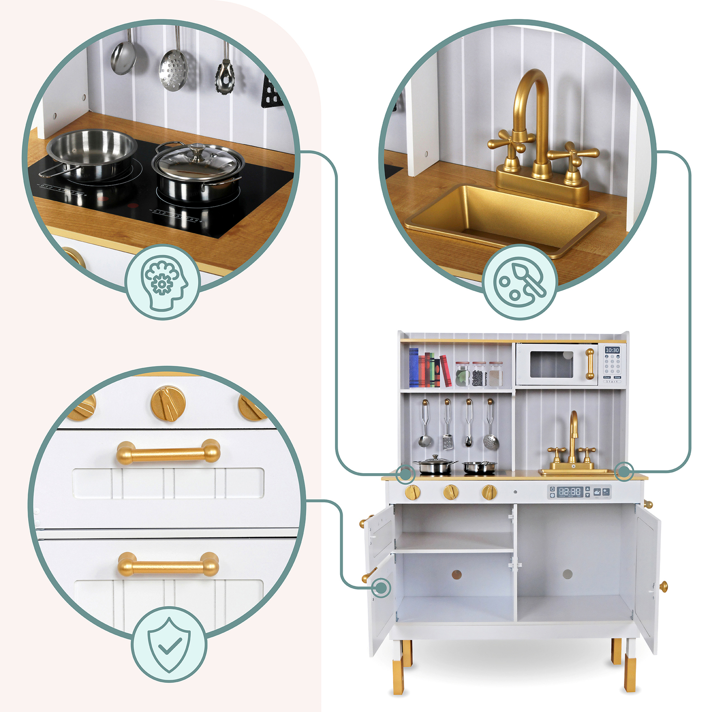 Cuisine blanche en bois avec accessoires et tablier