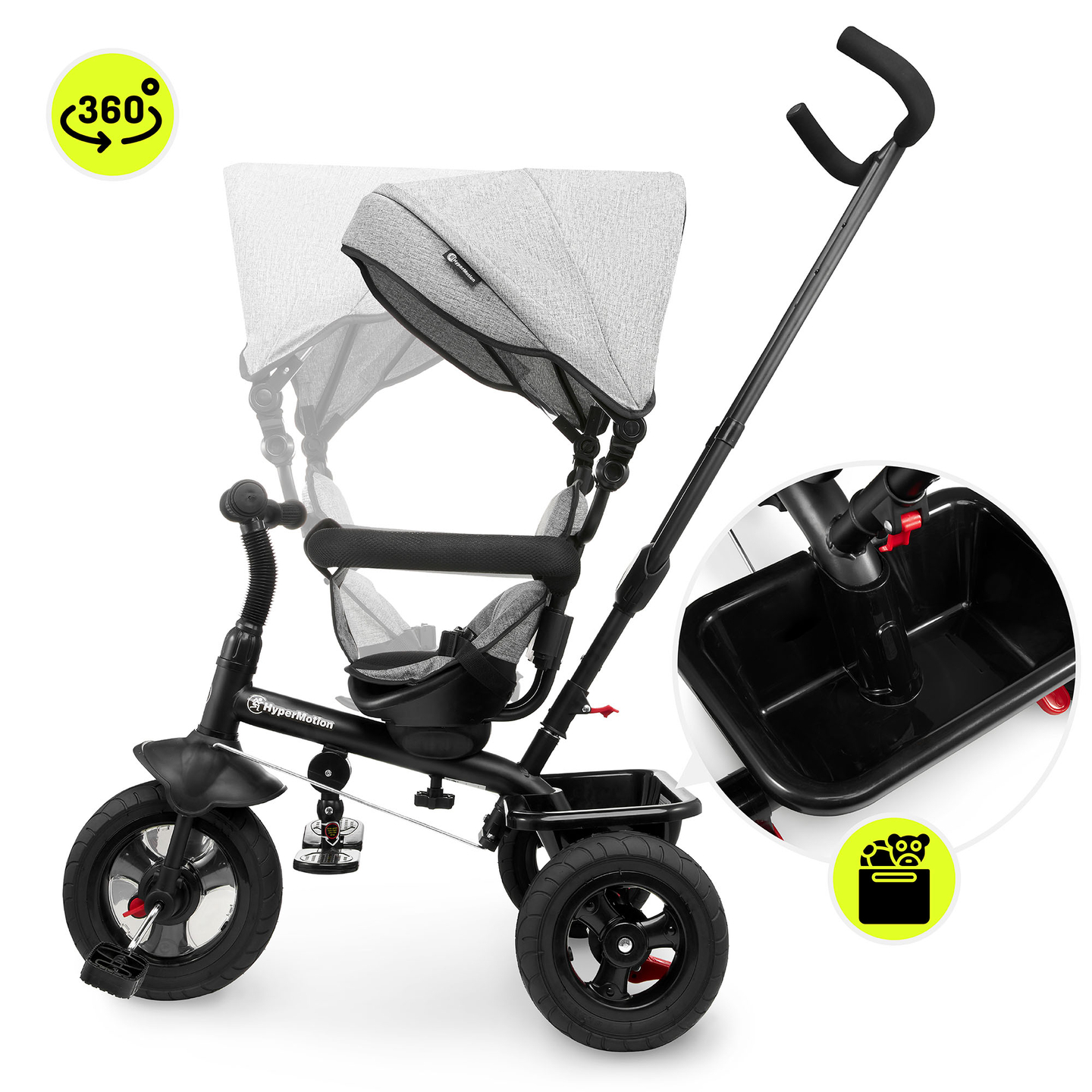 Tricycle pour enfants 1-4 ans - TOBI FREY - couleur gris - pivotant - roues gonflables + poussoir