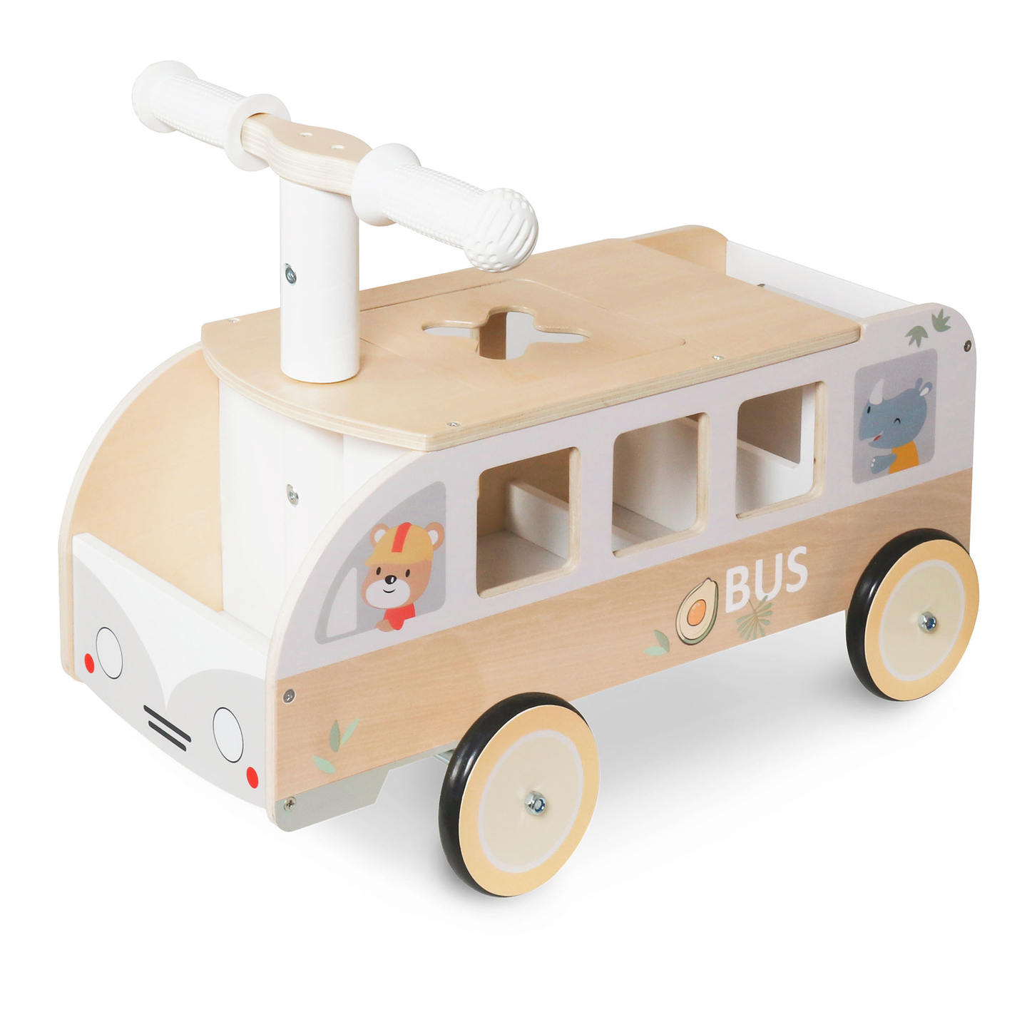 Bus en bois à pédales pour enfants - Bus avec compartiments de rangement et espace pour les peluches