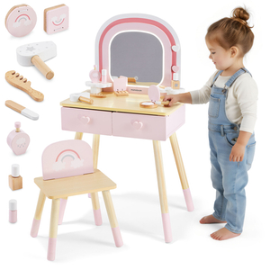 Coiffeuse en bois pour enfants avec éclairage LED à luminosité réglable, chaise et accessoires inclus.