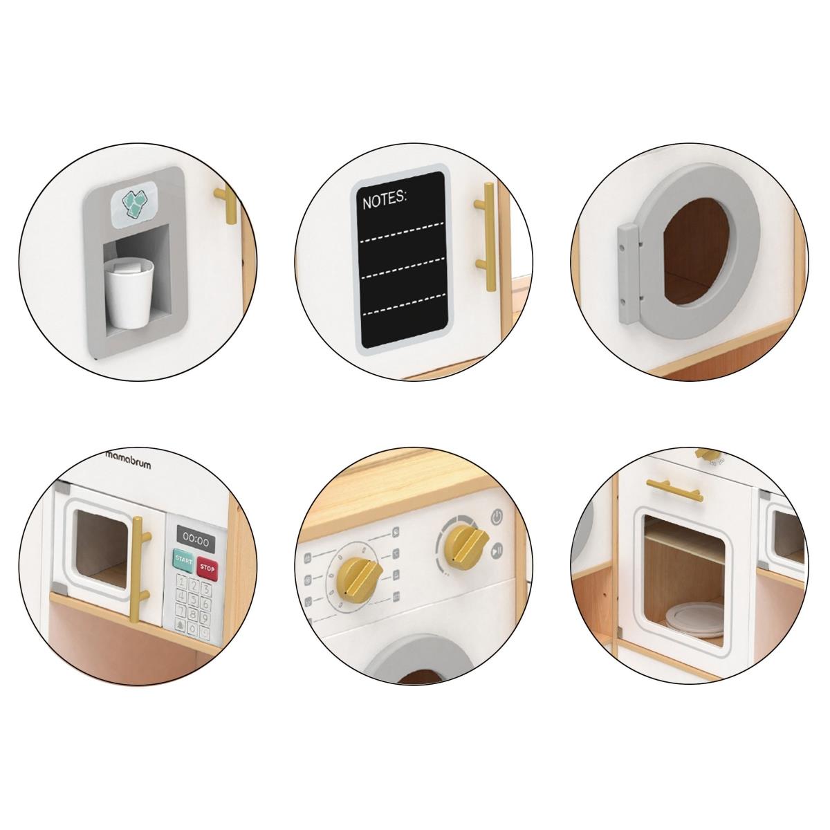 Cuisine d'angle interactive en bois XXXL avec réfrigérateur, micro-ondes, four, lave-linge et accessoires - naturel