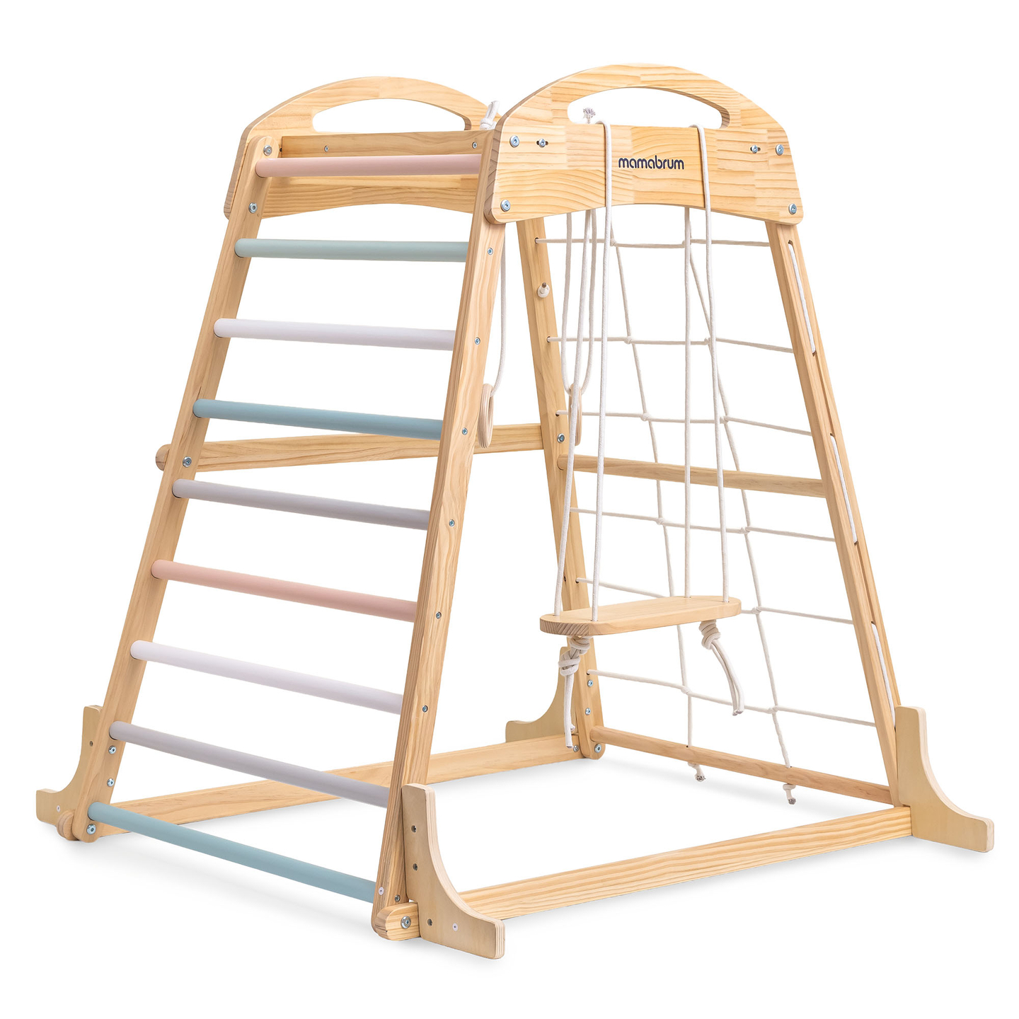 Aire de jeux intérieure en bois avec balançoire, anneaux de gymnastique et filet d'escalade