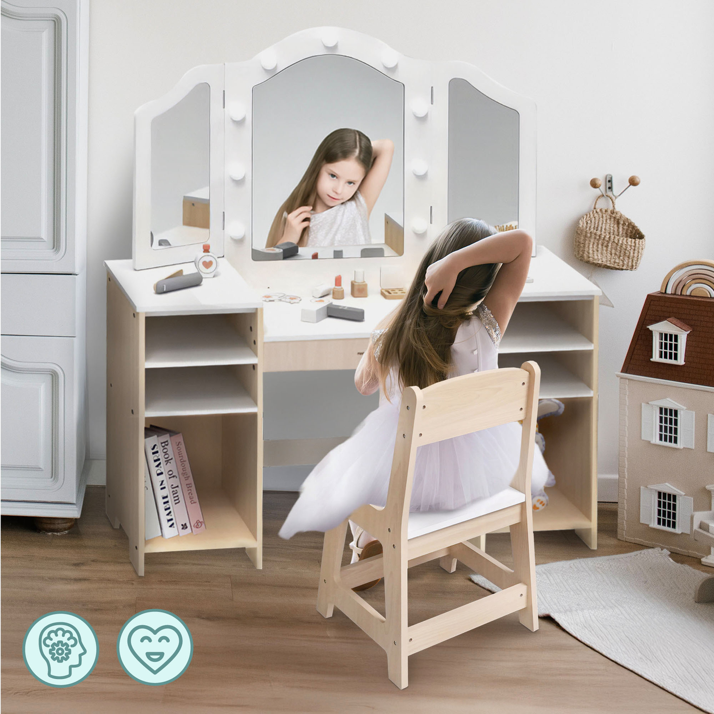 Table à langer en bois pour enfants avec chaise, accessoires et éclairage LED