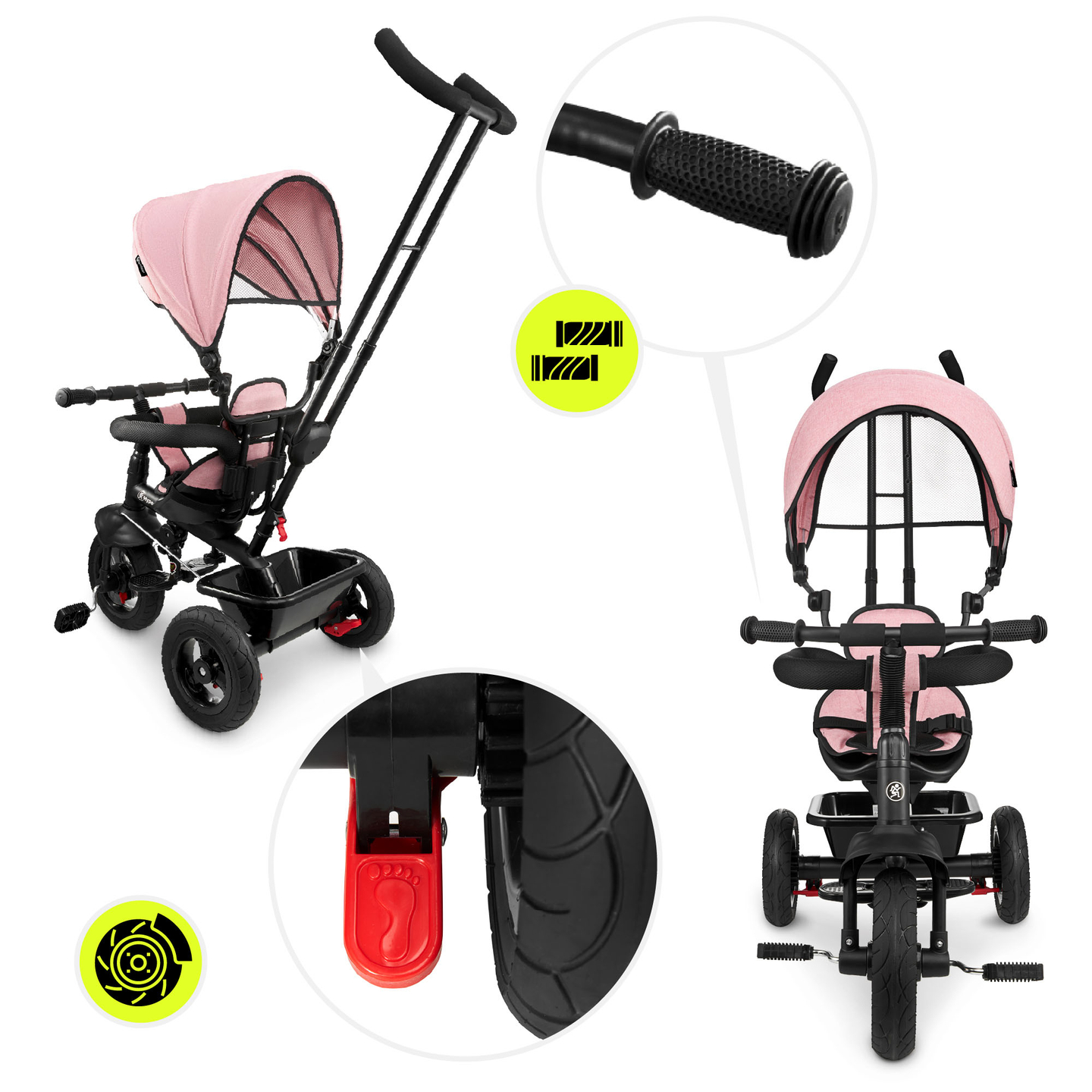 Tricycle pour enfants 1-4 ans - TOBI FREY - couleur rose - pivotant - roues pompées + pousseur