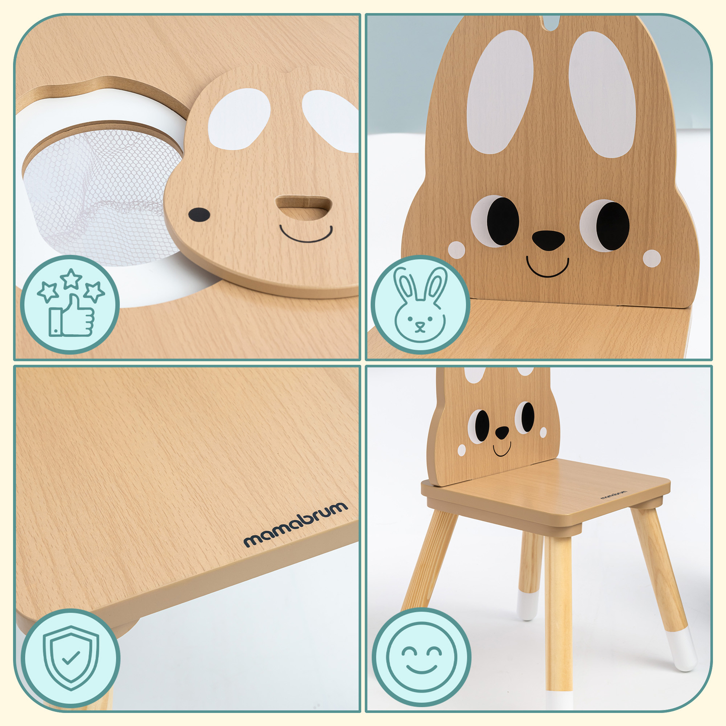 Table en bois avec rangement et 2 chaises Ensemble enfant - Lapin mignon