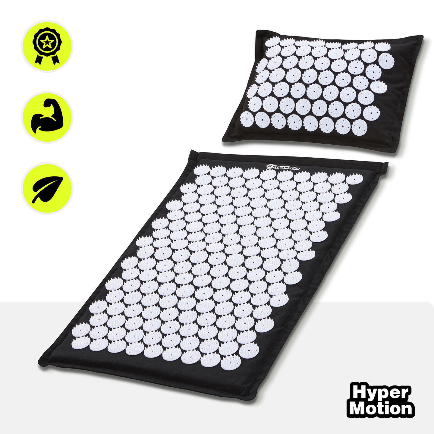 Tapis d'acupression en lin écologique avec coussin en fibres de coco et sarrasin – 68 cm HyperMotion Noir et Blanc