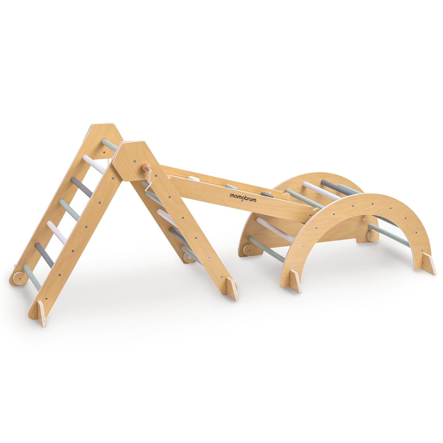 Aire de jeux intérieure en bois pour enfants - mur d'escalade, toboggan, arche d'escalade/bascule et triangle de Pikler