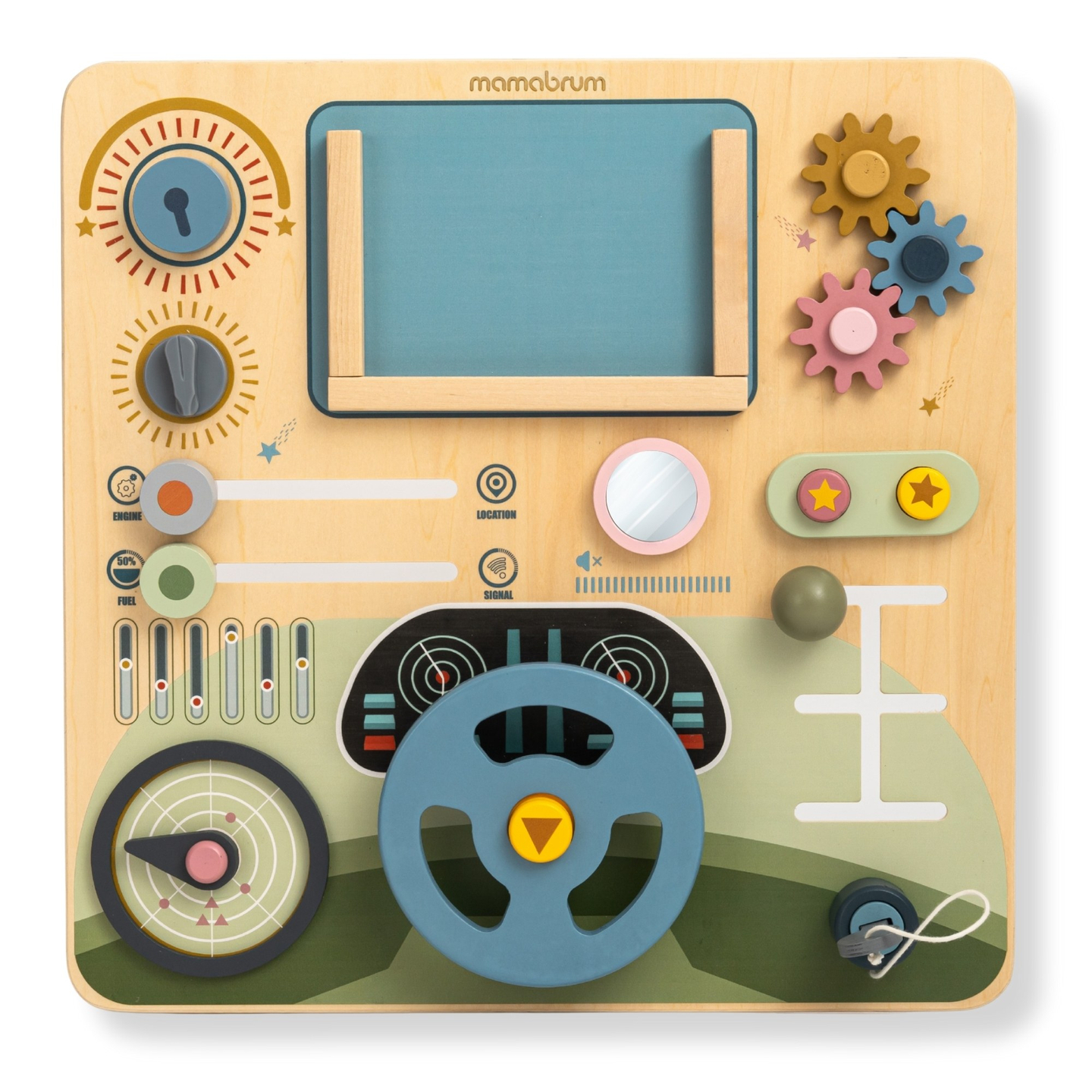 Planche Montessori en bois 2 en 1 Cockpit pour le petit conducteur et pilote – volant, levier de vitesse, cartes de voyage, radar