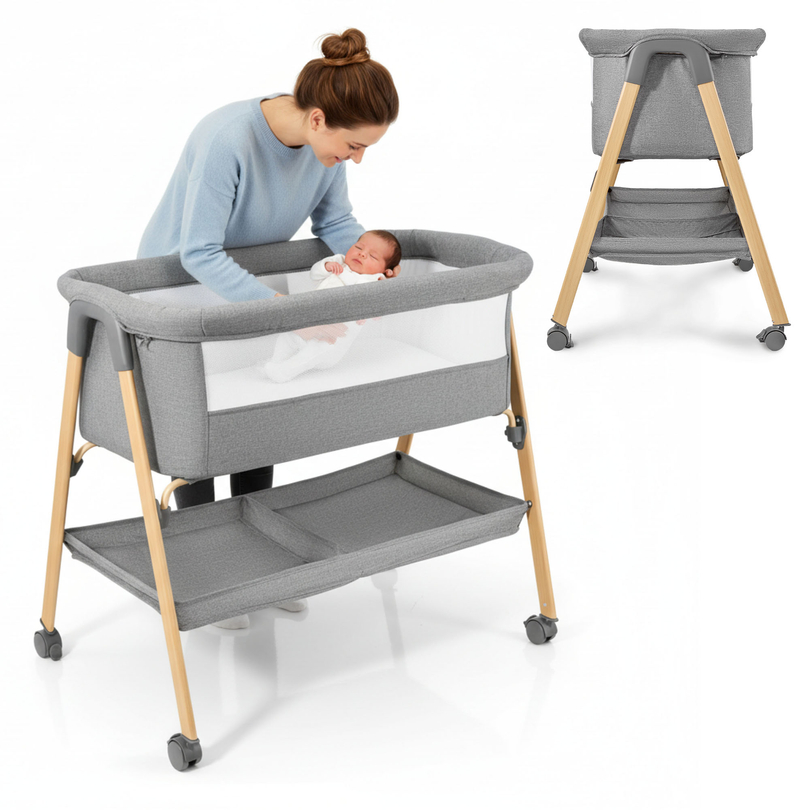 Lit bébé autoportant, lit de voyage, berceau avec matelas - gris