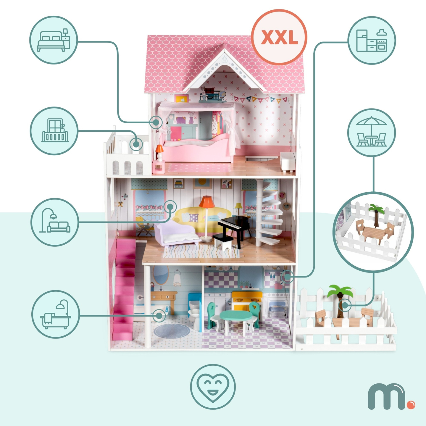 XXL La plus grande maison de poupées en bois - 123 cm - illuminée par LED - terrasse, accessoires, jardin