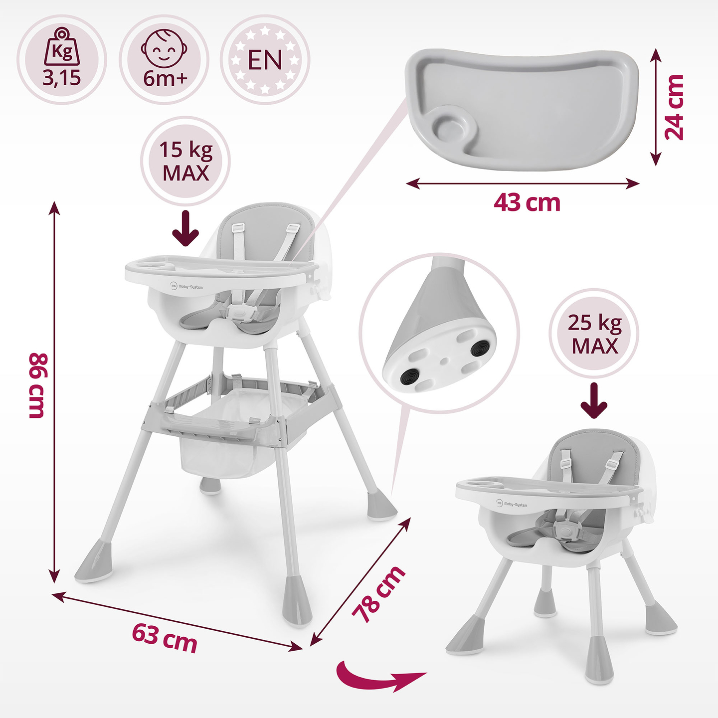 Moby-System Magnolia 2-en-1 chaise haute réglable - gris