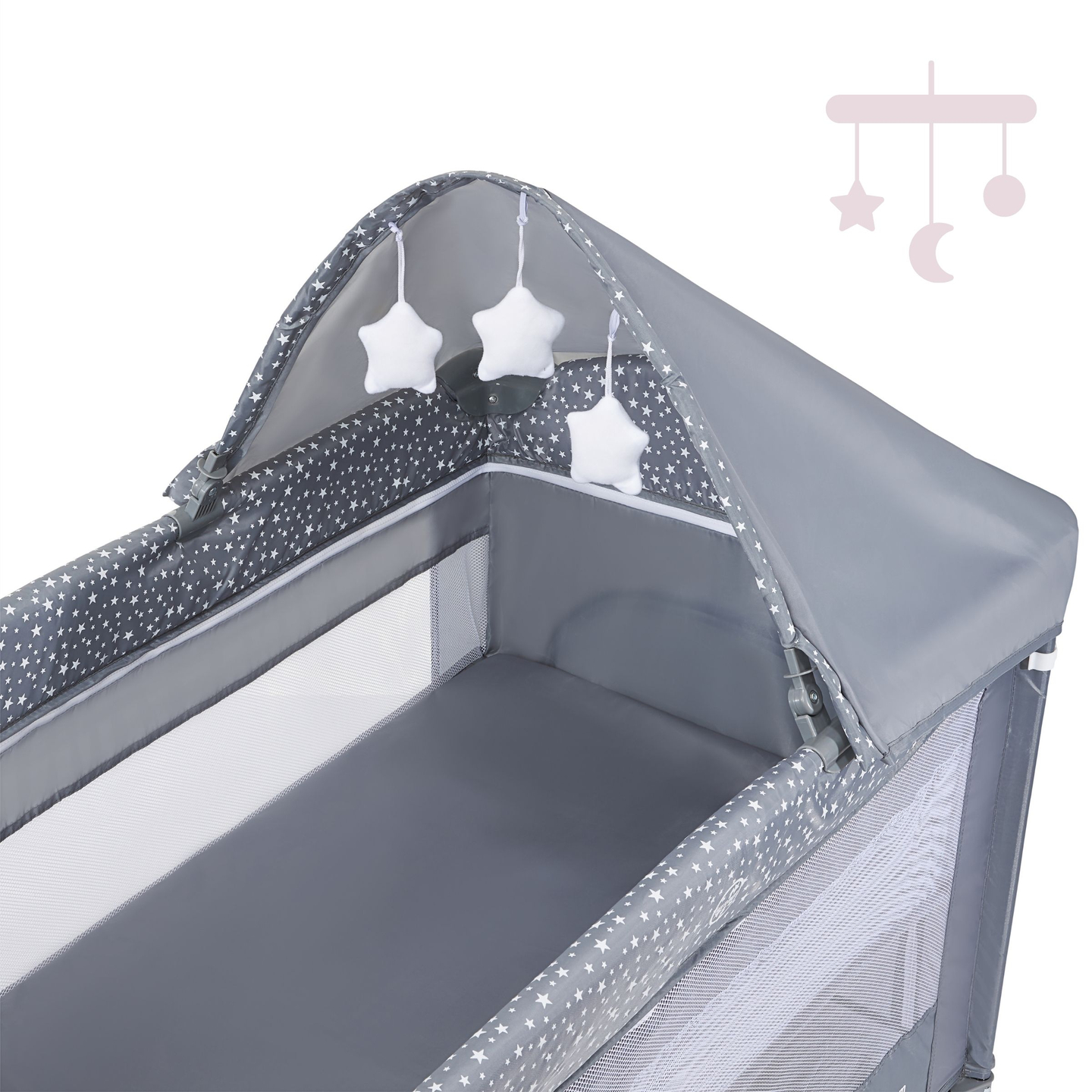 Lit parapluie / parc 2 niveaux avec table à langer, toit et matelas Happy Traveler BASIC PLUS - gris