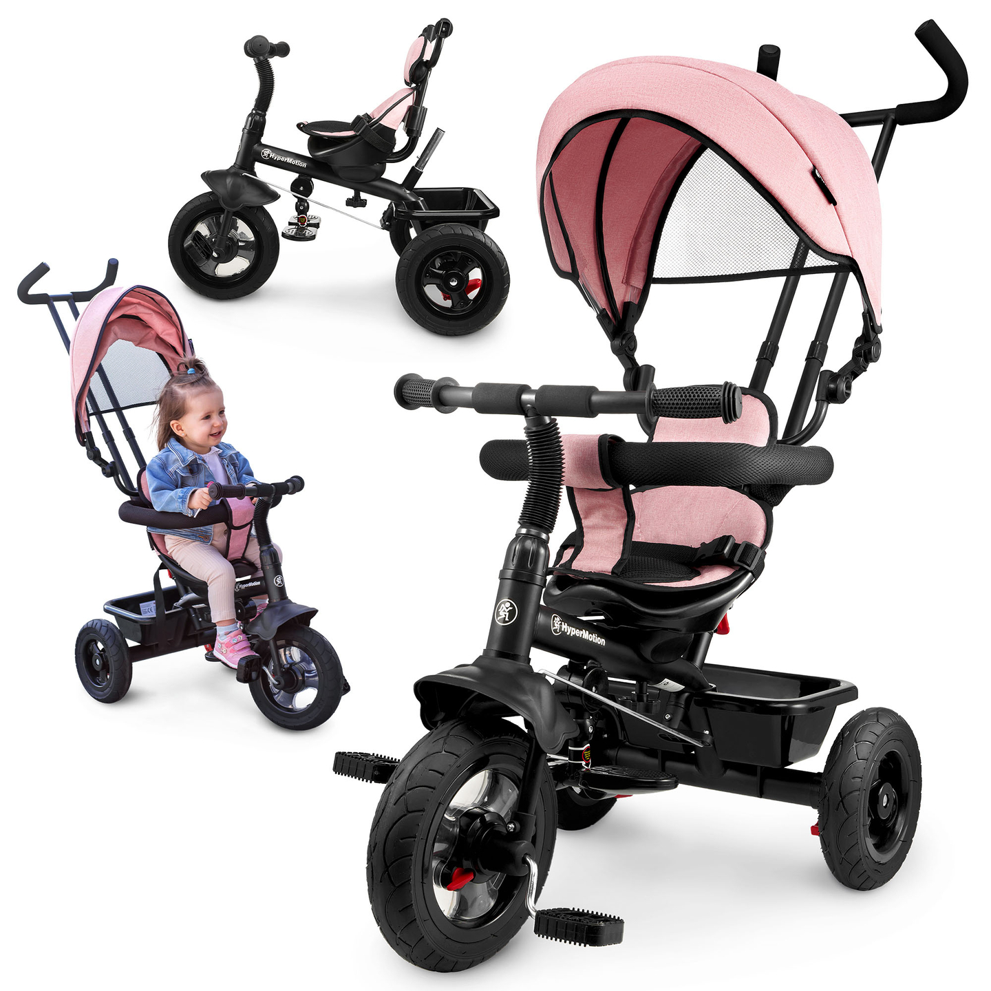 Tricycle pour enfants 1-4 ans - TOBI FREY - couleur rose - pivotant - roues pompées + pousseur