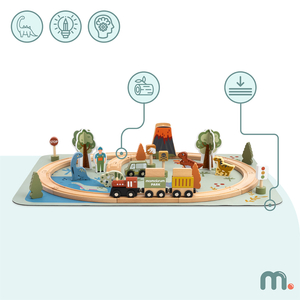 Train en bois Dino Park avec tapis antidérapant - dinosaures, train, rails, volcan, cloche