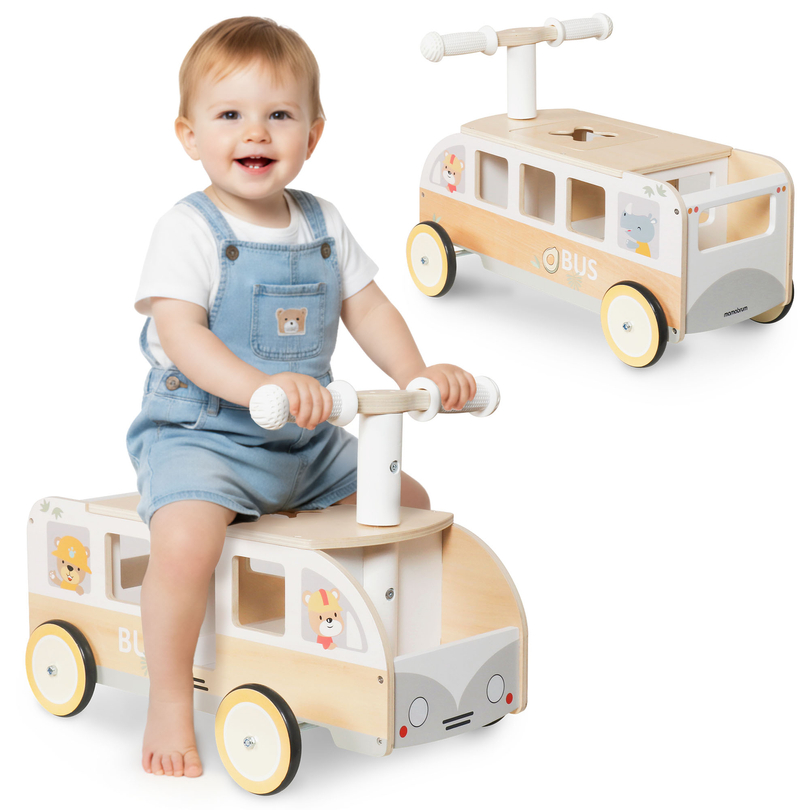 Bus en bois à pédales pour enfants - Bus avec compartiments de rangement et espace pour les peluches