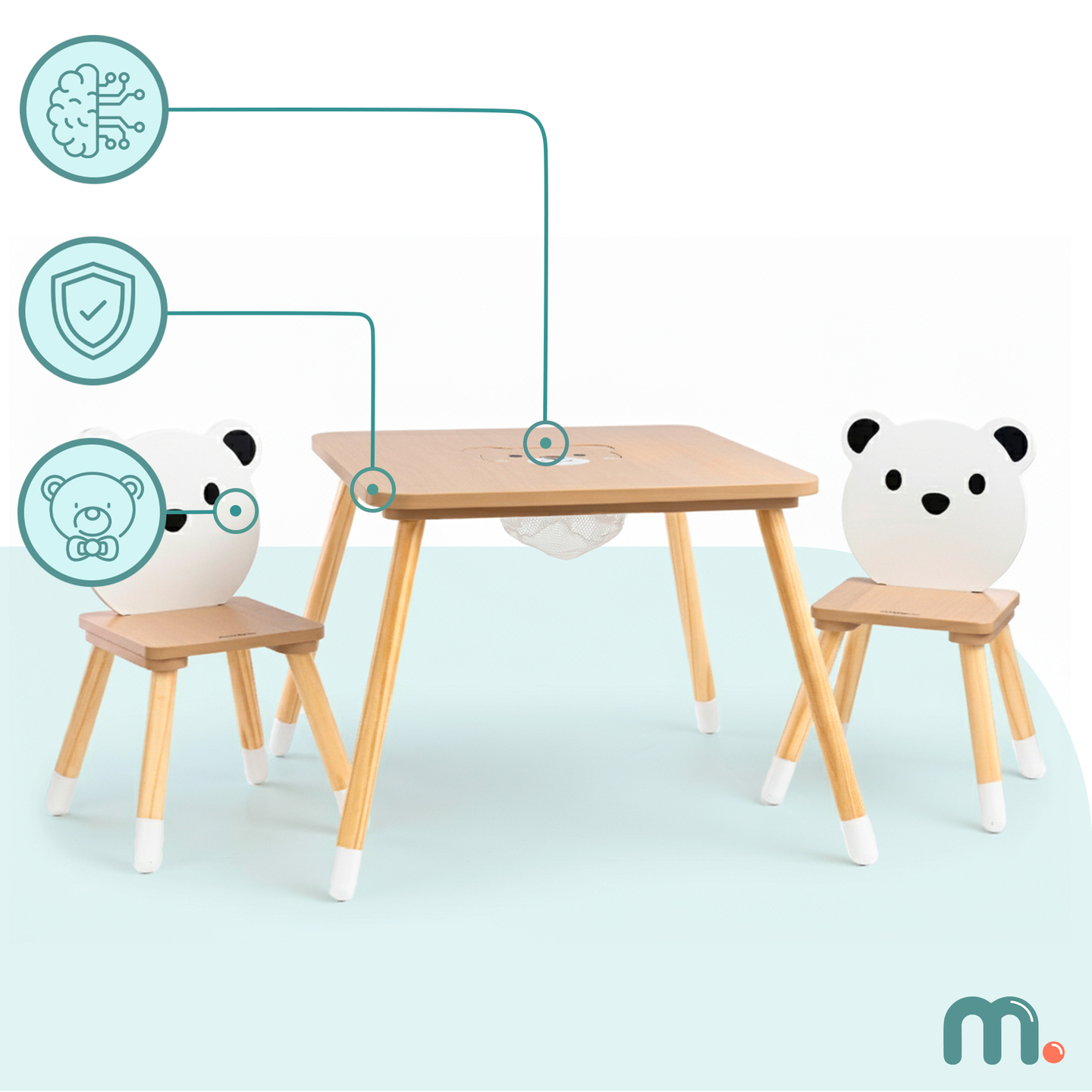 Table en bois avec rangement et 2 chaises Ensemble enfant - Ours en peluche mignon