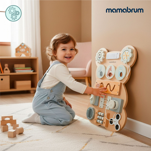 Tableau de manipulation Montessori en bois avec ours en peluche - apprentissage sensoriel et autonomie : Velcro, prise, labyrinthe, bouton à cliquet