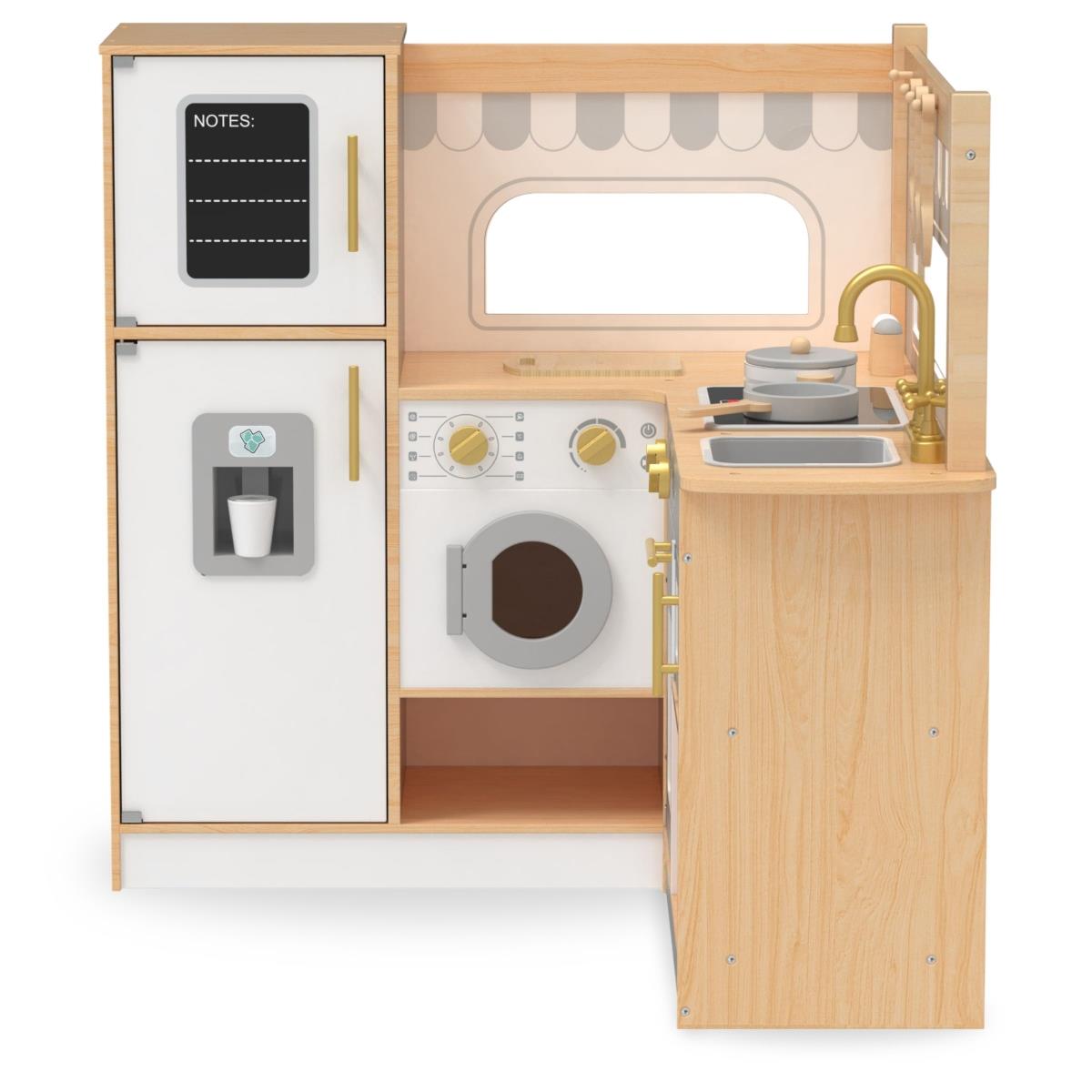 Cuisine d'angle interactive en bois XXXL avec réfrigérateur, micro-ondes, four, lave-linge et accessoires - naturel