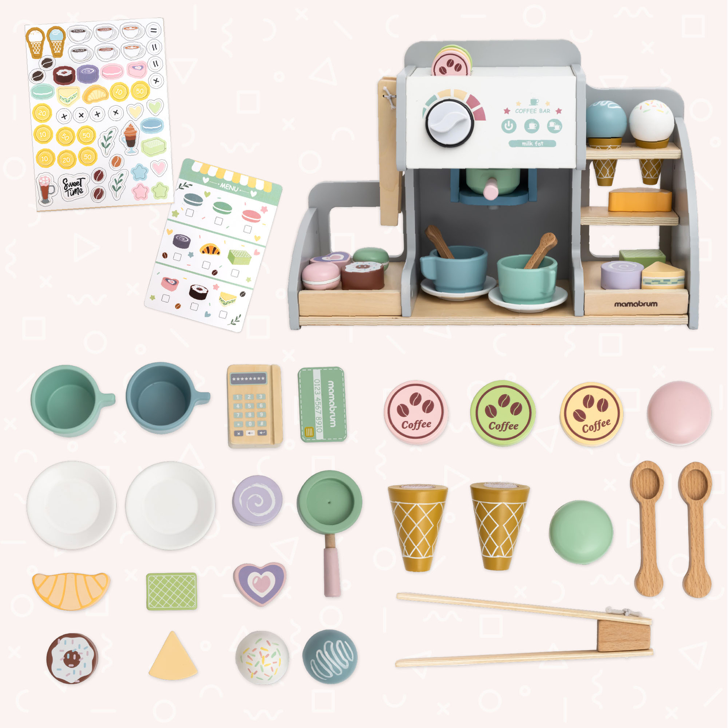 Une grande glacière en bois avec tableau magnétique, machine à café et set de glaces et de desserts - plus de 70 pièces !