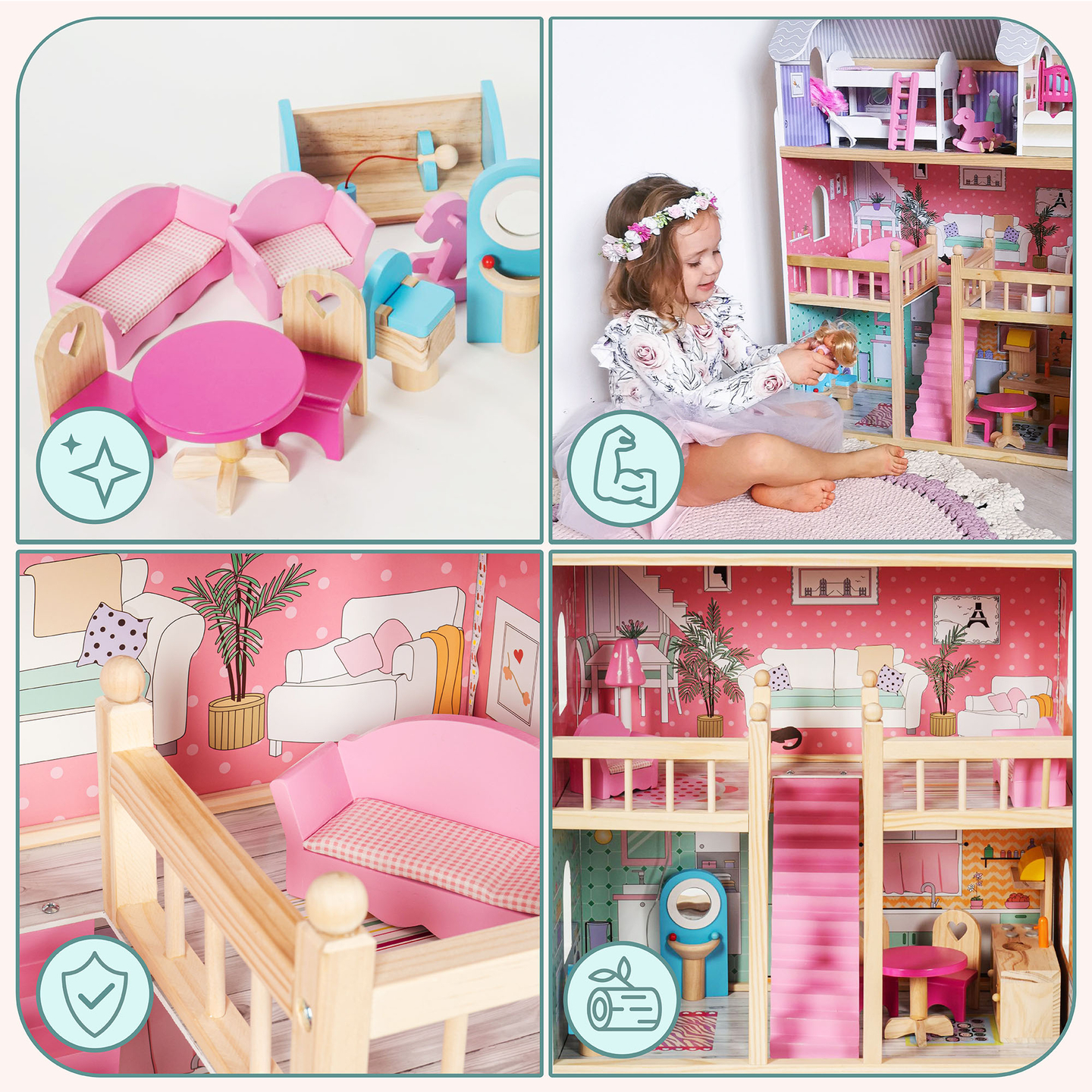 Grande maison de poupées en bois à 3 étages avec terrasse, ensemble de meubles et éclairage LED !