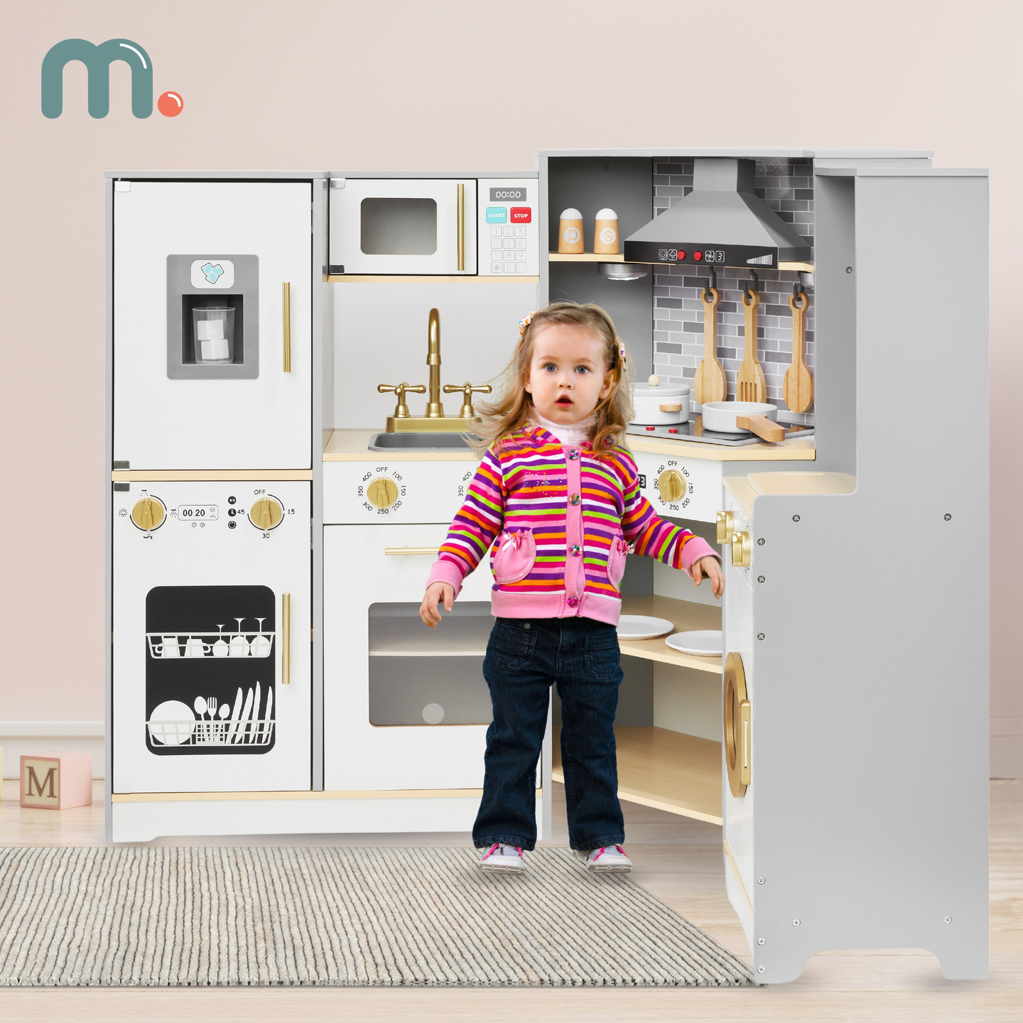 Cuisine interactive XXXL en bois avec éclairage LED, hotte et accessoires