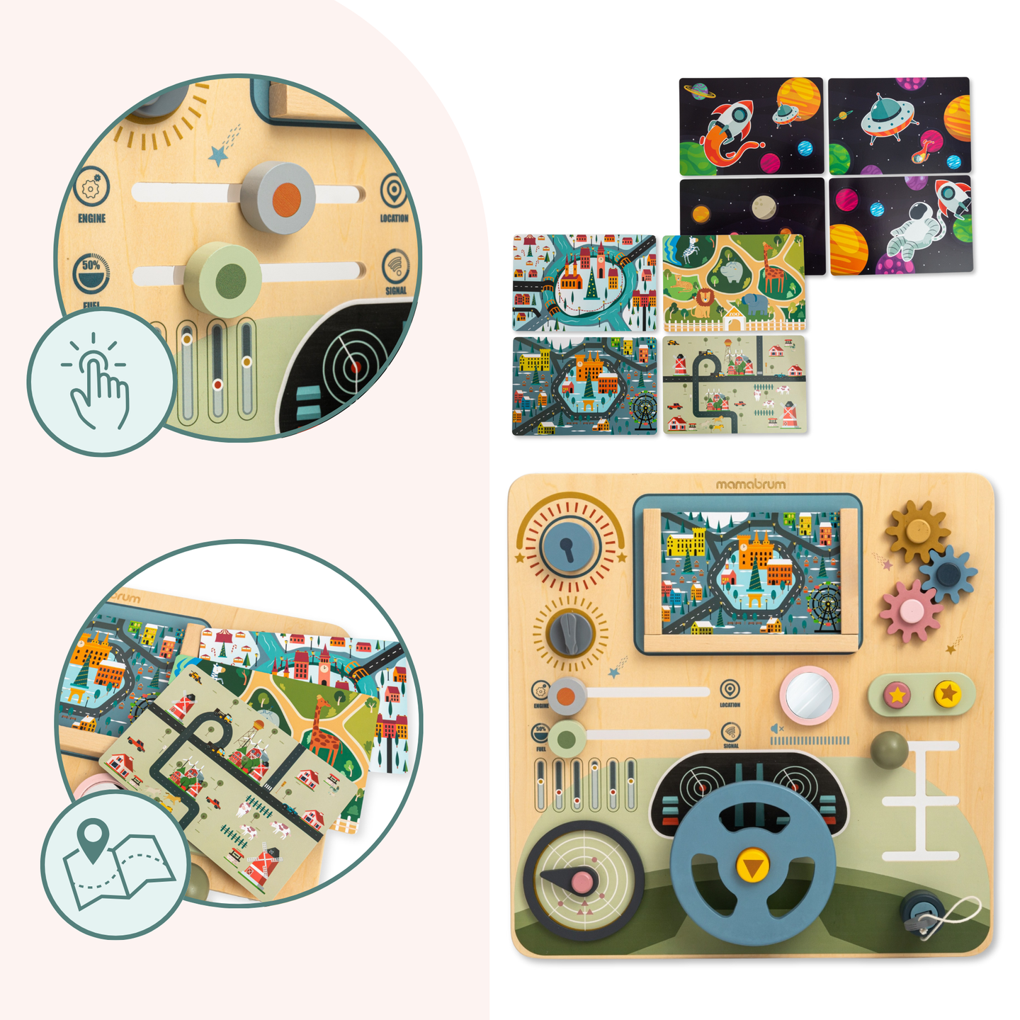 Planche Montessori en bois 2 en 1 Cockpit pour le petit conducteur et pilote – volant, levier de vitesse, cartes de voyage, radar