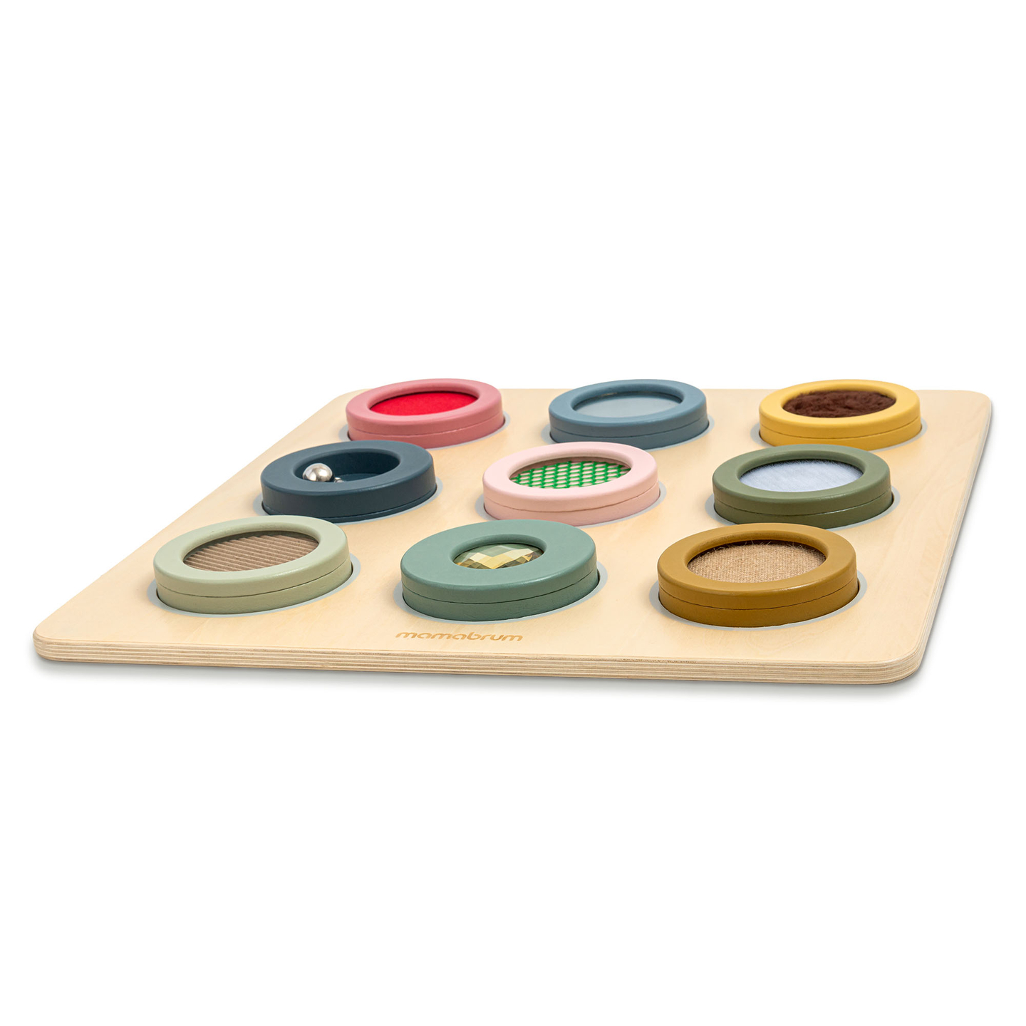 Tableau sensoriel Montessori en bois – 9 textures à découvrir et à développer le sens du toucher