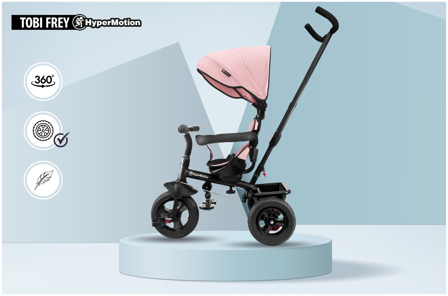 Tricycle pour enfants 1-4 ans - TOBI FREY - couleur rose - pivotant - roues pompées + pousseur
