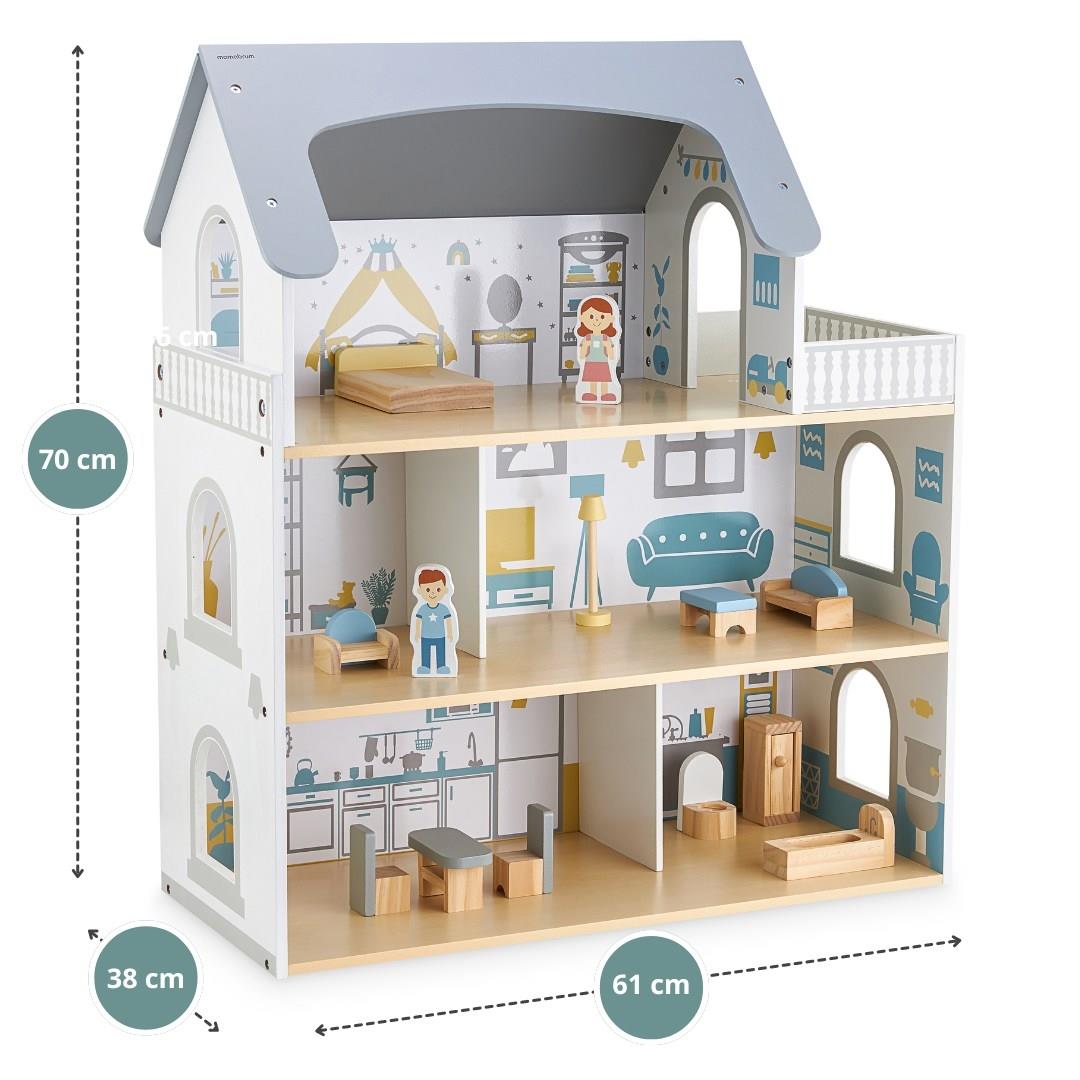 Maison de poupées en bois blanc avec terrasse et accessoires