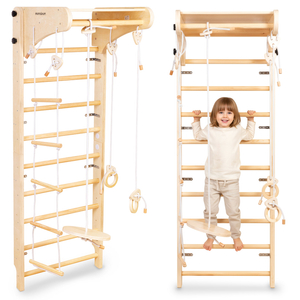 Échelle de gymnastique en bois pour enfants avec accessoires - une balançoire à assiettes, des anneaux de gymnastique et une échelle de corde