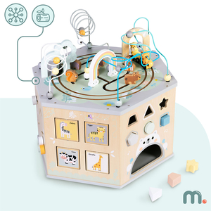 Grand cube éducatif en bois - un jouet Montessori avec un train magnétique et des boucles motrices