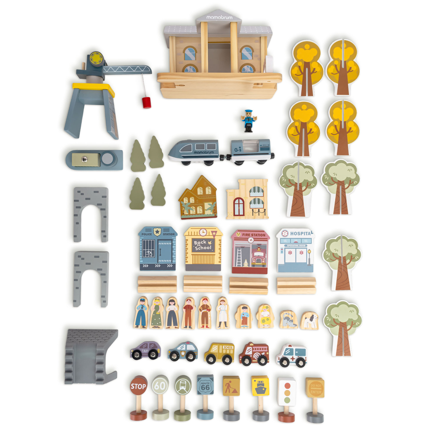 Chemin de fer urbain en bois avec train électrique - grue mobile, bateau, ponts