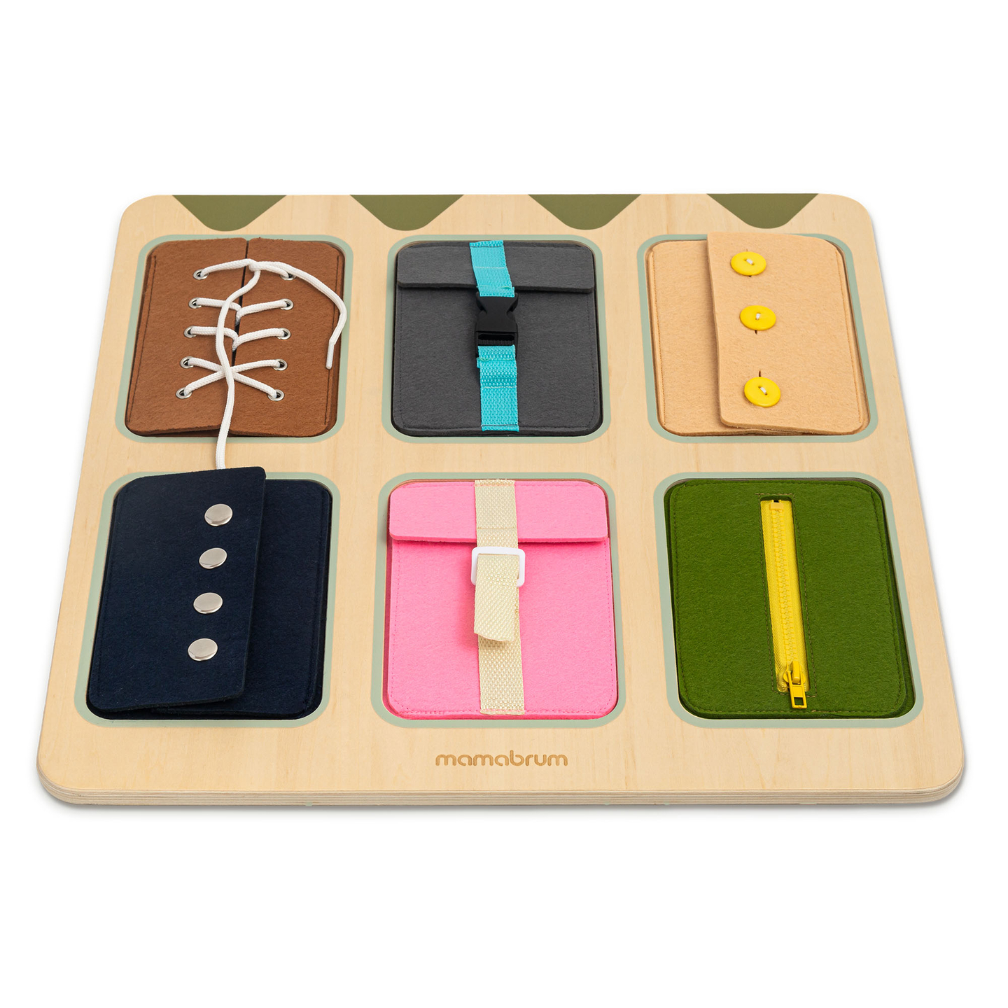 Tableau de manipulation Montessori en bois – Apprentissage sensoriel de l'autonomie – lacets, boucles, boutons, pressions, fermeture éclair
