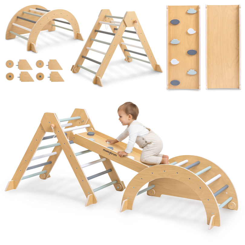 Aire de jeux intérieure en bois pour enfants - mur d&#39;escalade, toboggan, arche d&#39;escalade/bascule et triangle de Pikler