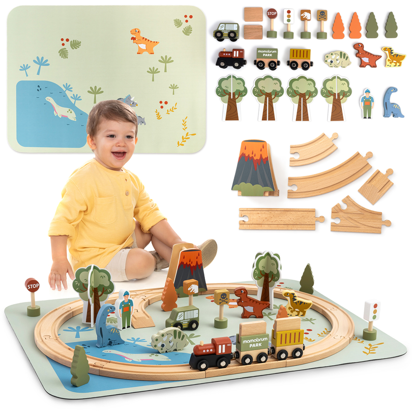 Train en bois Dino Park avec tapis antidérapant - dinosaures, train, rails, volcan, cloche